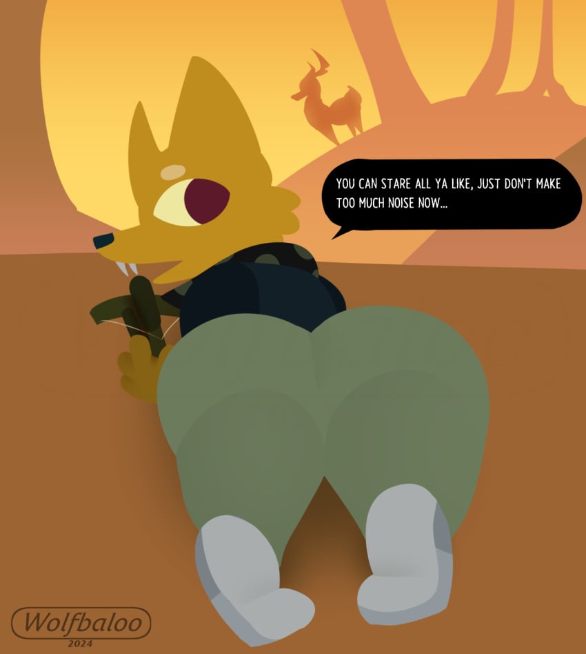 anthro ass big_butt canid canine clothed clothing crossbow digital_media_(artwork) female fox hi_res jen_(nitw) looking_back mammal night_in_the_woods ranged_weapon solo style_emulation thick_thighs weapon wide_hips wolfbaloo