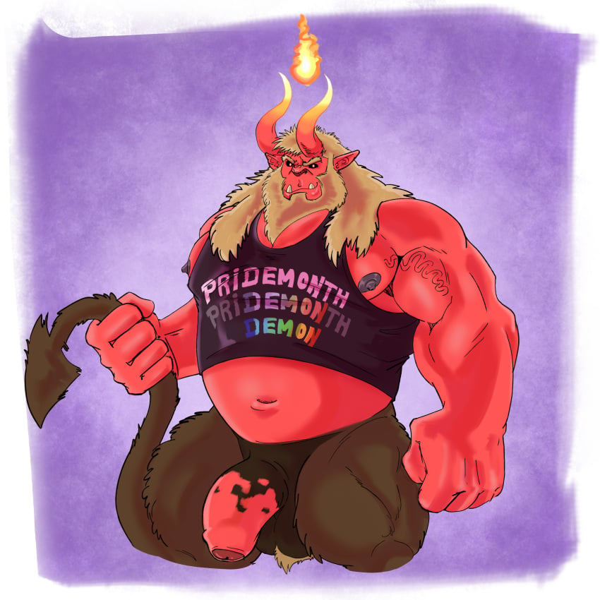 absurd_res ball_tuft black_nipples black_sclera brown_body brown_fur clothed clothing demon demon_humanoid elemental_manipulation fire fire_manipulation foreskin fur genitals hair hi_res horn humanoid lazydoggo lgbt_pride male muscular nipples partially_clothed penis pointed_tail pri(demon)th pride_color_clothing pride_colors red_body solo tail tan_hair tuft