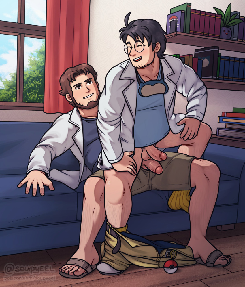 2boys absurdres ahoge bara beard belly birch_(pokemon) blush clothes_pull couch facial_hair full_beard full_body glasses goatee_stubble happy_sex highres imminent_anal imminent_penetration indoors lab_coat male_focus mature_male multiple_boys neroli_(pokemon) on_couch pants pants_pull plump poke_ball pokemon pokemon_sleep power_bottom round_eyewear short_hair sleep_mask smile soupyeel spread_legs stubble thick_eyebrows uncensored yaoi