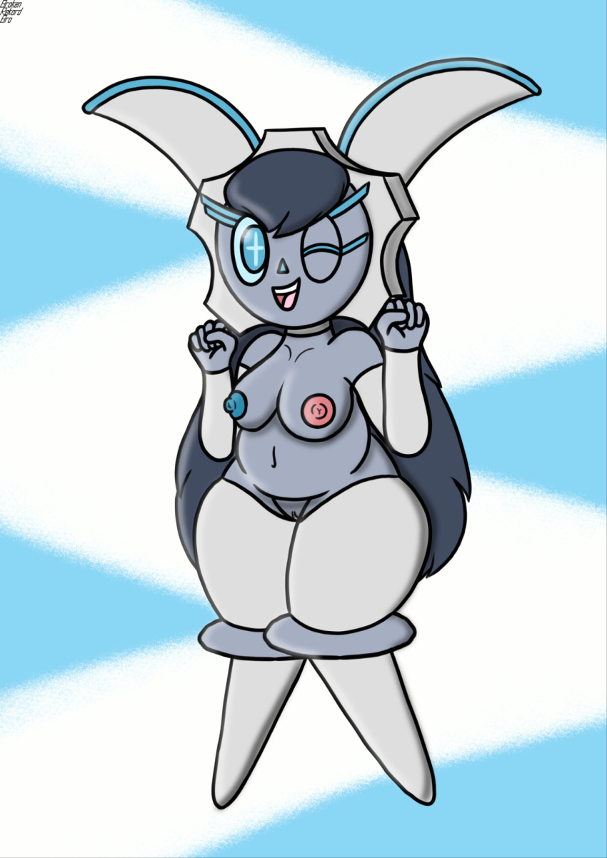 anthro areola belly big_belly big_breasts blue_areola breasts brokenrekordbro digital_media_(artwork) eyelashes female generation_7_pokemon genitals glistening glistening_eyes hair half-closed_eyes hi_res humanoid legendary_pokemon long_hair looking_at_viewer machine magearna narrowed_eyes navel nintendo nipples one_eye_closed open_mouth pokémon_(species) pokemon pokemon_(species) puffy_areola pupils pussy red_areola robot robot_girl ruth_(brorekord) simple_background solo thick_thighs