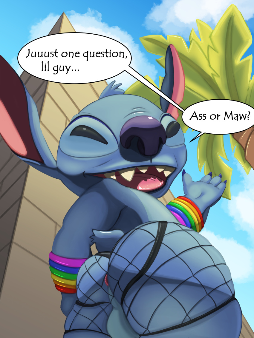 absurd_res alien anthro anthro_only anus ass balls big_butt blue_body blue_fur dialogue disney english_text experiment_(lilo_and_stitch) fur genitals hand_on_butt hi_res lgbt_pride lgbt_pride_month lilo_and_stitch looking_at_viewer looking_back looking_back_at_viewer male male_only palm_tree plant presenting presenting_hindquarters pride_colors rear_view small_tail smile solo speech_bubble stitch_(lilo_and_stitch) tail text tree tyleb