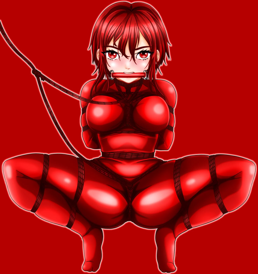 bit_gag bondage boughsofholly bound crotch_rope female female_only femsub frogtie fully_clothed gag latex latex_clothing png red_background red_clothing red_eyes red_hair rope rubber rubber_clothing shiny_clothes simple_background tight_clothing