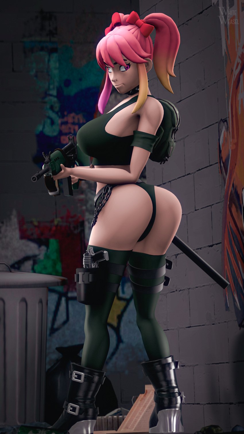 1girls 3d 3d_(artwork) ass ass_focus black_panties boots clothed clothing dat_ass female female_only garry's_mod gmod looking_back military military_uniform panties pink_eyes pink_hair pink_skin saiko_bichitaru_(smg4) sfm smg4 source_filmmaker tagme twintails weapon whiteweasel wide_hips