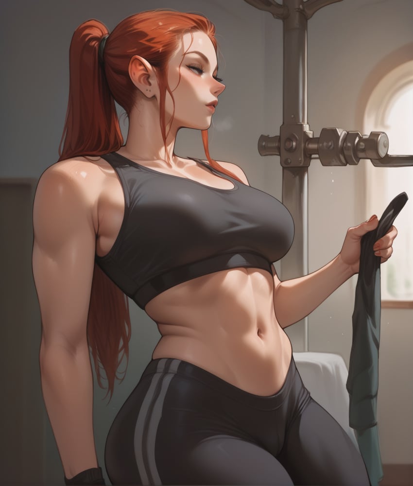 1girls aeldari ai_generated ass ass_focus bubble_ass bubble_butt eldar eteeming female female_only gym gym_uniform holding_towel jacket long_hair nude ponytail red_hair solo solo_female thick_thighs thighhighs thighs warhammer_(franchise) warhammer_40k