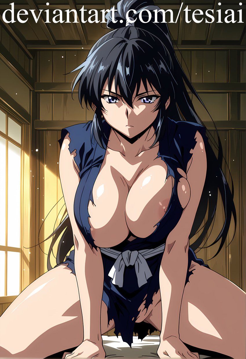 1girls ai_generated ass bandage big_ass big_breasts black_hair blue_eyes blue_kimono breast_squeeze breasts busty busty_female female female_only huge_ass huge_breasts kimono large_ass large_breasts light-skinned_female light_skin long_hair manyuu_chifusa manyuu_hikenchou no_bra no_panties no_pants no_underwear ponytail pussy solo_female tesiai thigh_highs thighhighs thighs vagina very_long_hair voluptuous voluptuous_female wide_hips