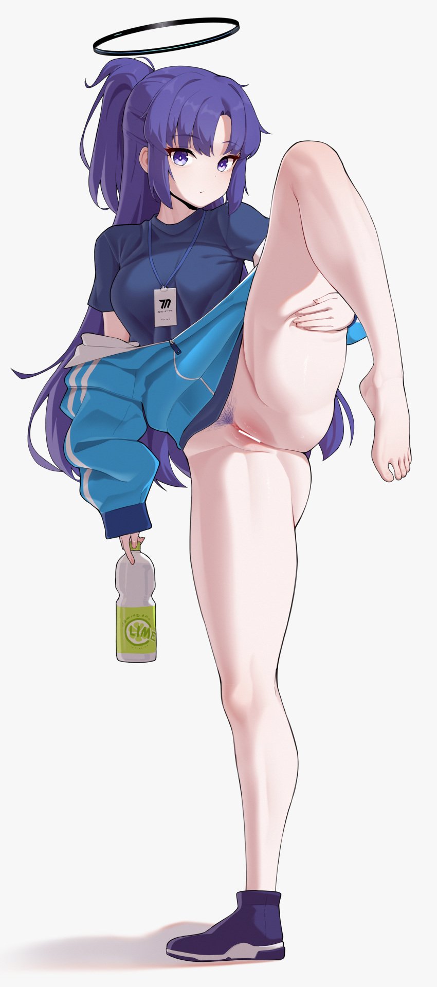 absurdres ass bare_legs barefoot black_shirt blue_archive bottle bottomless breasts censored closed_mouth feet female female_pubic_hair flexible full_body gym_uniform hair_between_eyes halo highres holding holding_bottle jacket jacket_partially_removed leg_lift leg_up legs long_hair long_sleeves looking_at_viewer manzai_sugar official_alternate_costume open_clothes open_jacket partially_unzipped ponytail pubic_hair purple_eyes purple_hair pussy shirt shoes simple_background single_barefoot solo split standing standing_on_one_leg standing_split thighs track_jacket underwear very_long_hair water_bottle white_background yuuka_(blue_archive) yuuka_(track)_(blue_archive)