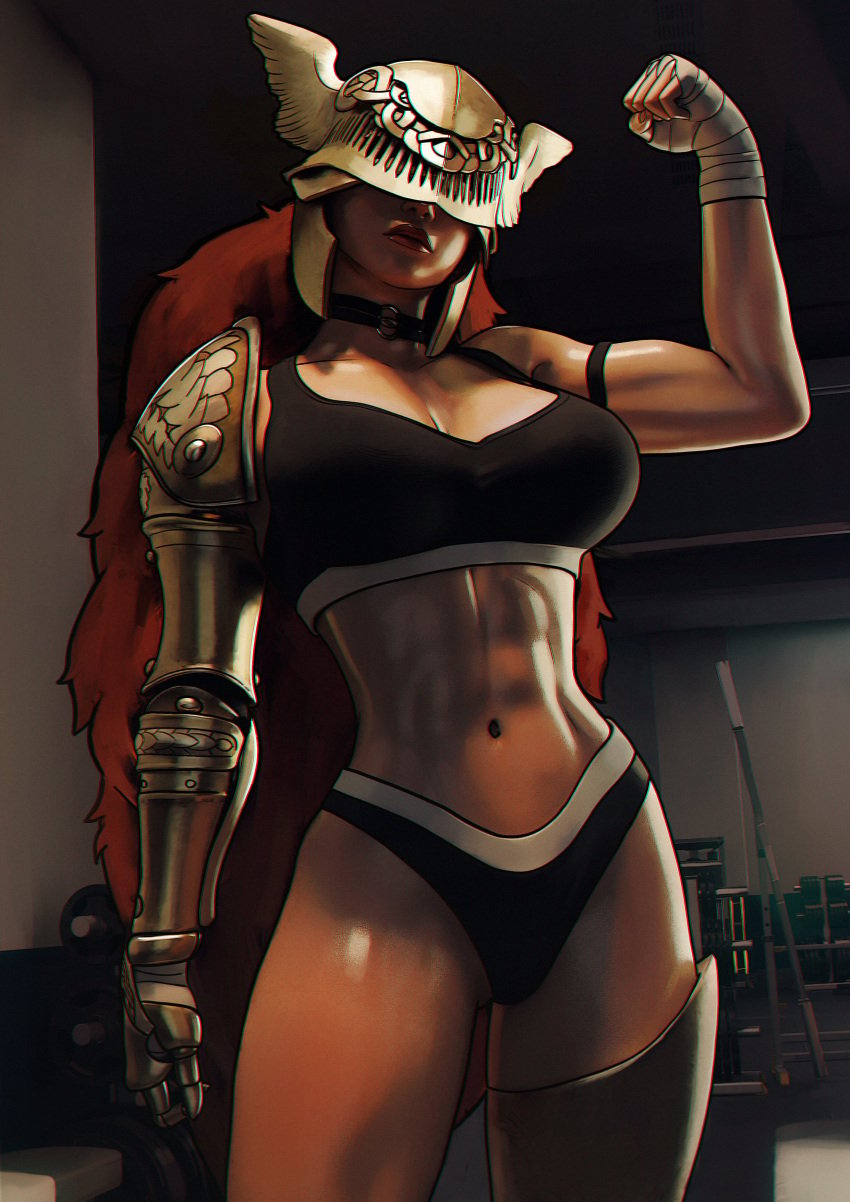 1girls abs armor ass ass_visible_through_thighs athletic athletic_female big_ass big_breasts cleavage elden_ring female female_only fit fit_female flexing flexing_bicep fromsoftware malenia_blade_of_miquella milf navel panties red_hair sfrinzy sports_bra thick_thighs