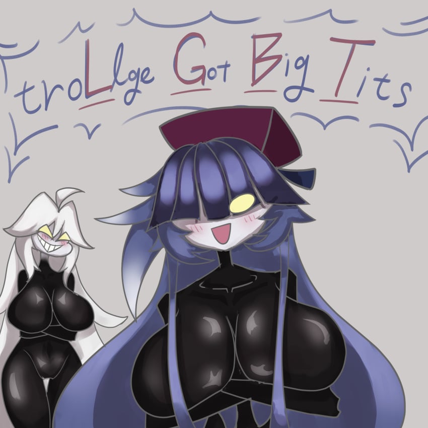 2girls black_body blue_hair breasts cap female_boyfriend_(friday_night_funkin) friday_night_funkin lesbian mtf_crossgender omgkawaiitbf rule_63 smile the_trollge_files trollge_bf_(fnf) trollge_gf trollge_gf_(fnf) white_hair yellow_eyes