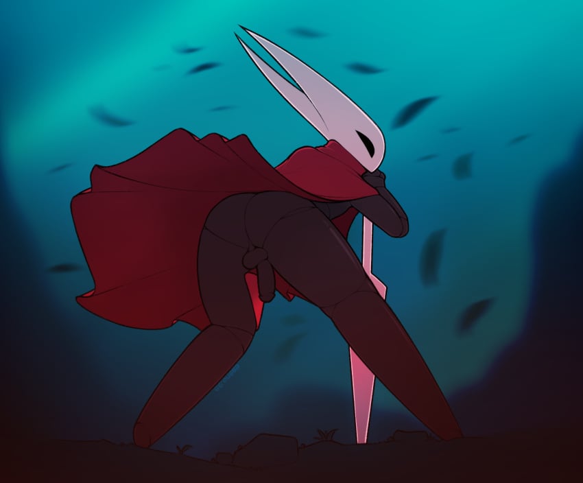 alternate_version anthro arthropod black_body clothed clothing eggnog_(artist) female genitals hollow_knight horn hornet_(hollow_knight) insects looking_back partially_clothed penis rear_view red_clothing solo team_cherry weapon wind