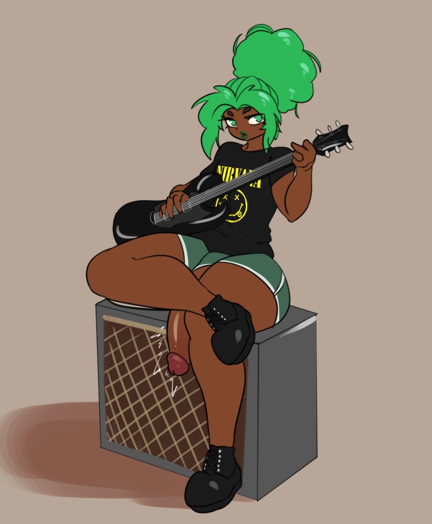 1boy aj_(gameruninformed) big_penis bloomz dark-skinned_femboy dark-skinned_male dark_skin emo emo_boy femboy flaccid green_eyes green_hair green_lipstick guitar huge_cock huge_penis large_penis lipstick penis sissy sitting_on_speaker solo solo_focus solo_male thick thick_thighs thighs trap