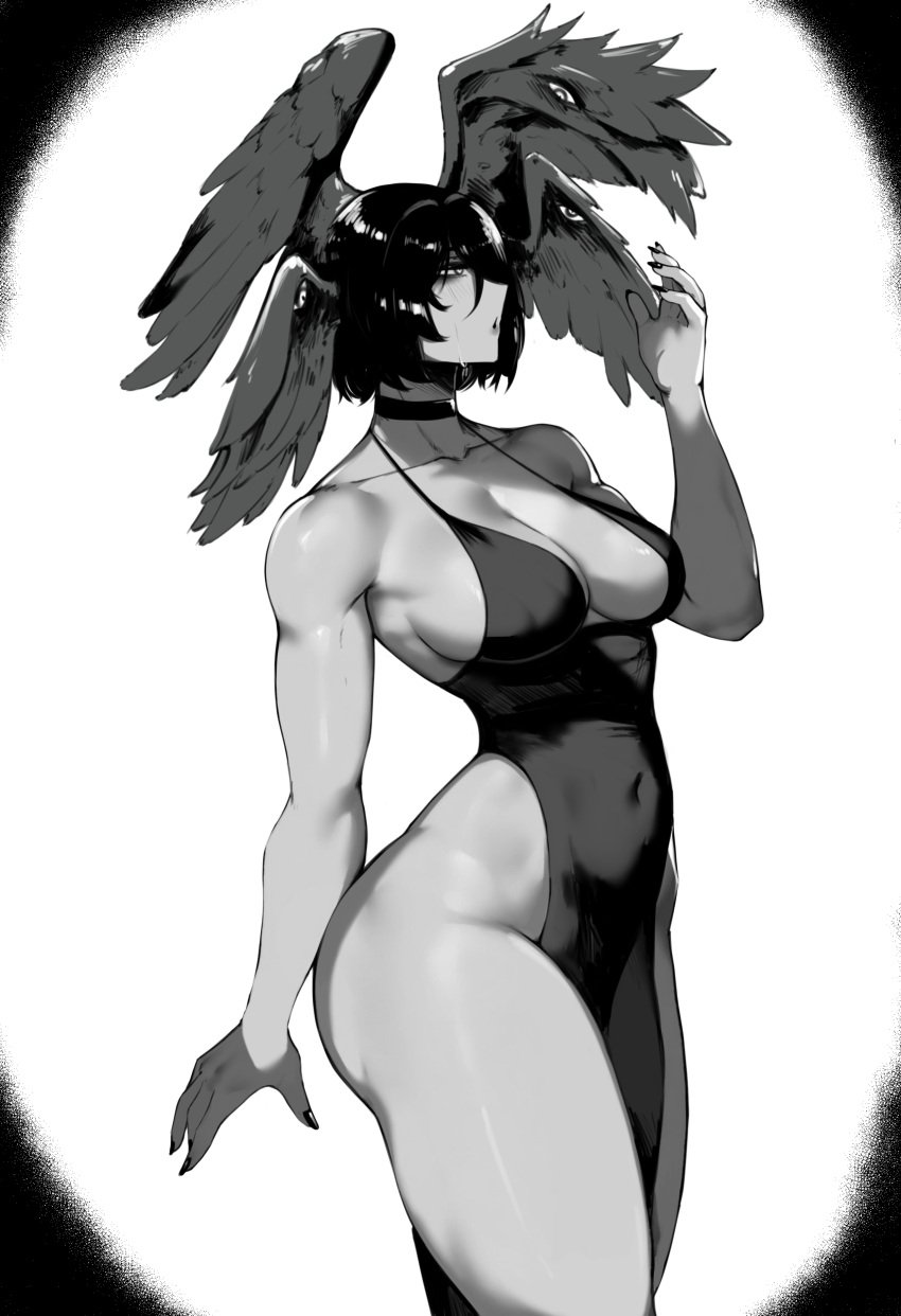 2d 2d_(artwork) big_ass big_breasts black_hair breasts dress fit_female masoq095 monochrome tagme_(character)