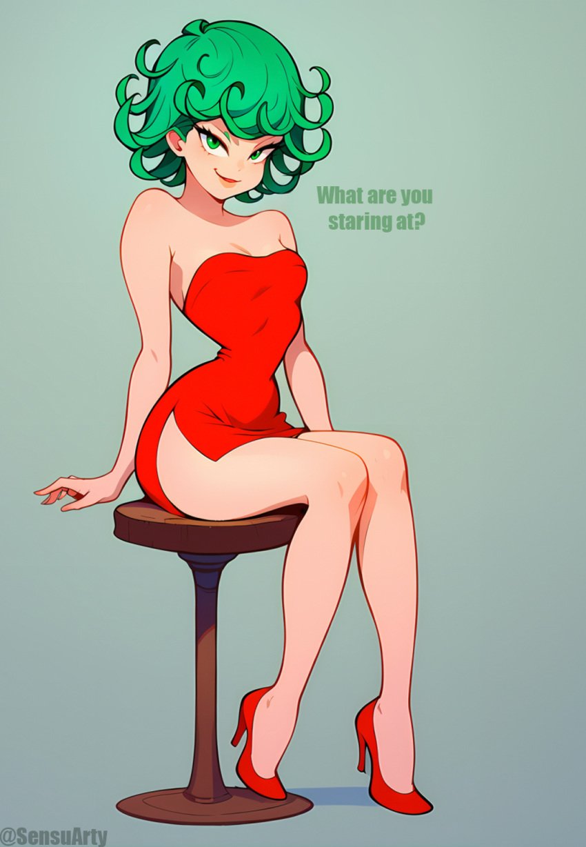 ai_generated bare_arms bare_legs bare_shoulders bare_thighs cartoony comic comic_page curly_hair digital_art digital_media_(artwork) dress female female_only femdom_caption green_eyes green_hair happy high_heels minidress one-punch_man pale_skin petite_body petite_girl pose posing red_dress red_high_heels sassy seducing seduction seductive seductive_body seductive_eyes seductive_gaze seductive_look seductive_mouth seductive_pose seductive_smile sensuarty sitting sitting_on_chair small_breasts small_waist smiling smiling_at_viewer strapless strapless_dress tatsumaki thigh_slit thighs_together