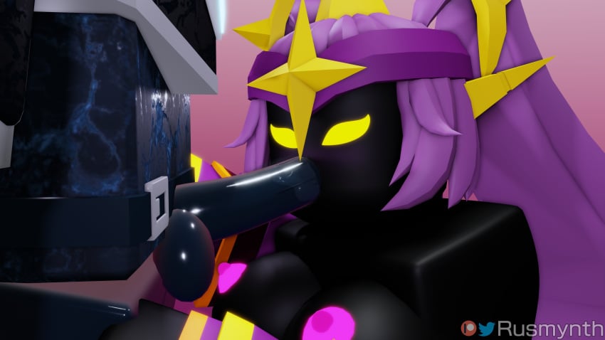 1boy 1girls 3d 3d_(artwork) artist_name big_breasts big_penis black_body black_skin breasts fallen_king oral oral_penetration oral_sex penis penis_in_mouth purple_clothes purple_hair roblox roblox_game robloxian rusmynth tagme the_umbra tower_defense_simulator twitter_username yellow_eyes