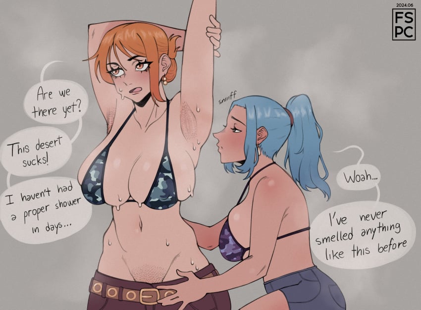 armpit_fetish armpit_stubble armpits blue_hair female female/female female_only fspc nami nami_(one_piece) nefertari_vivi one_piece orange_hair pre-timeskip shaved_armpit shaved_pussy sky_island_saga smelling smelly_armpits text yuri