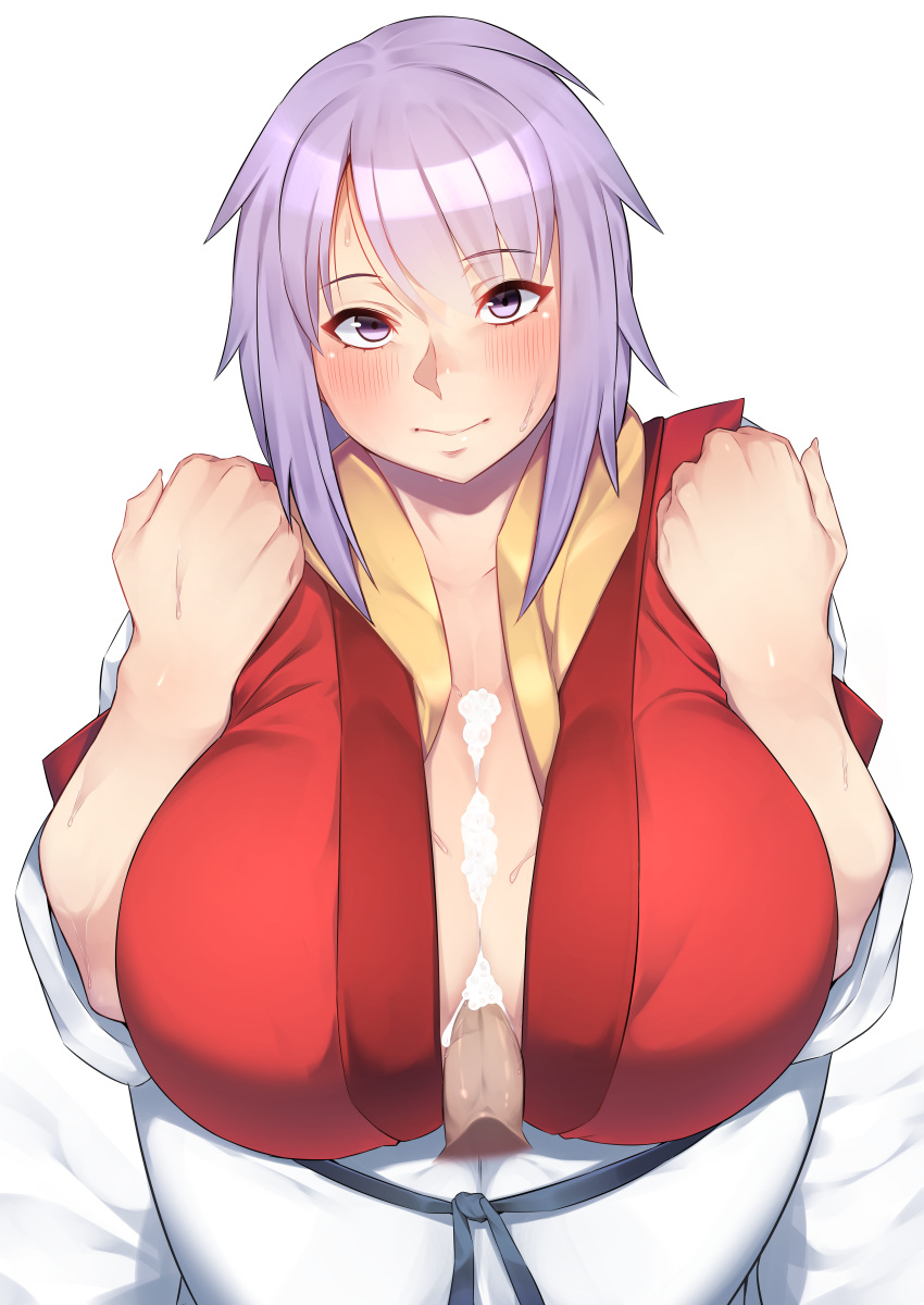 @_by_spoon arc_the_lad blush breasts byspoon cleavage female huge_breasts japanese_clothes kimono kneeling kukuru large_breasts miko nipples paizuri penis perpendicular_paizuri purple_eyes purple_hair short_hair smile sweat thighs