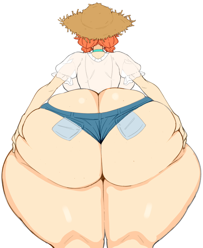 1girls 2023 ass ass_cleavage backboob big_ass booty_shorts braided_twintails bubble_butt butt_crack commission fat_ass female female_only hololive hololive_english hololive_myth holomyth huge_ass orange_hair rear_view red_head solo spread_ass straw_hat tagme takanashi_kiara thanuki thanukiart virtual_youtuber white_background