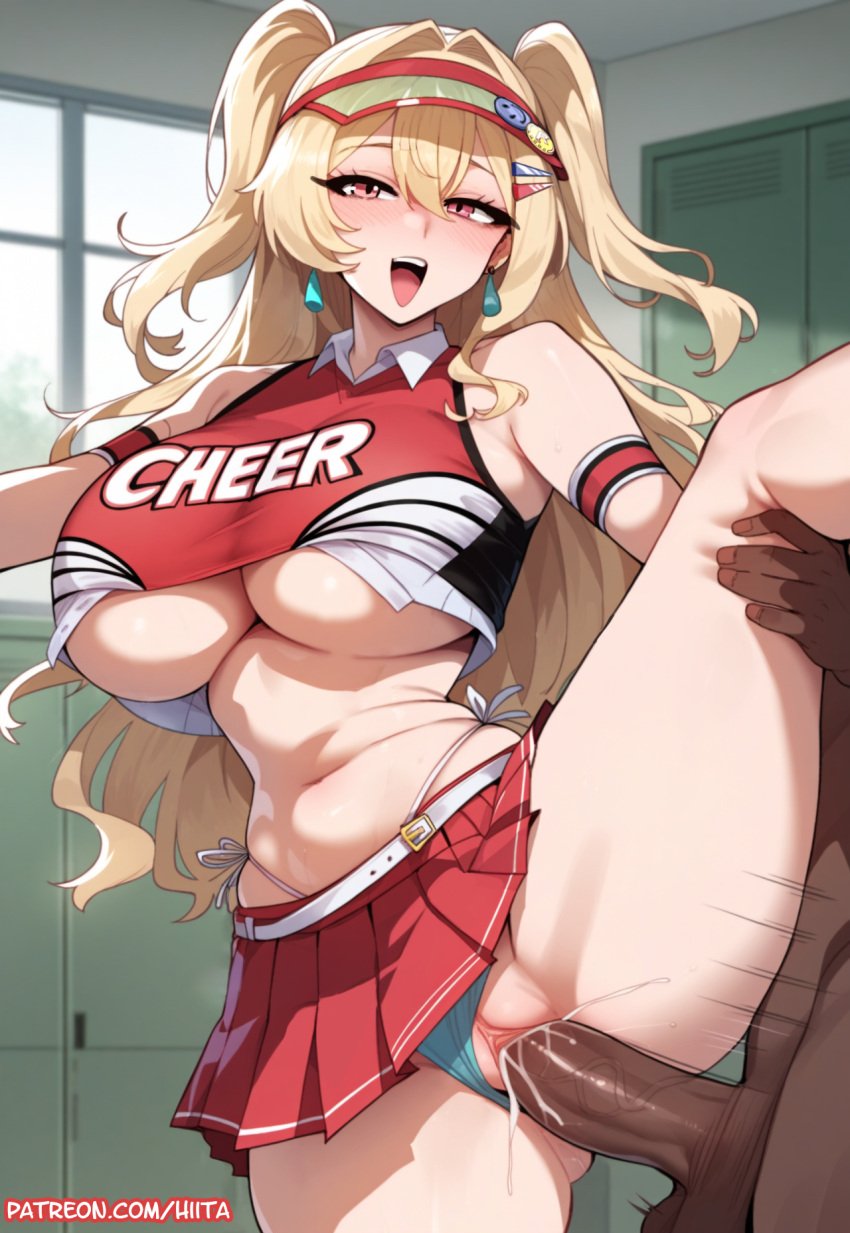 ai_assisted ai_generated blonde_hair cheerleader clay_(nikke) cum_in_pussy dark-skinned_male goddess_of_victory:_nikke happy_sex hiita_(hitta_99) locker_room looking_at_viewer pink_eyes sex straight thong_above_skirt thong_aside underboob vaginal_penetration visor