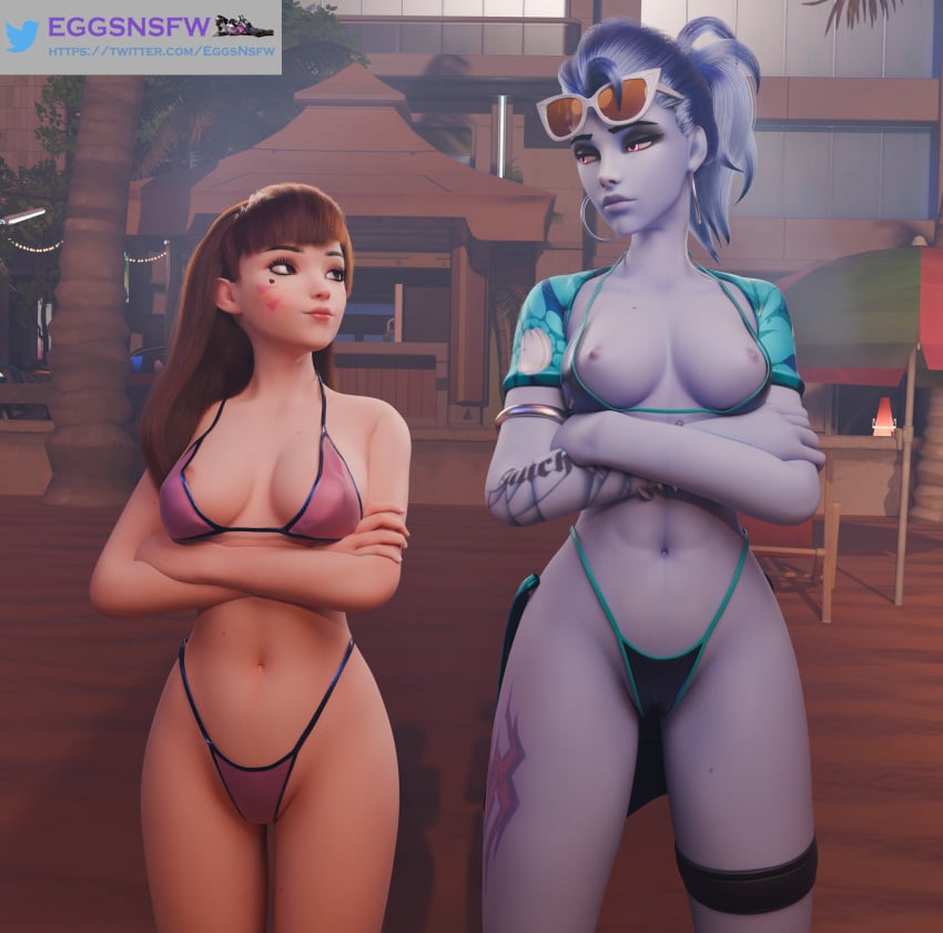 2girls 3d abs amelie_lacroix asian asian_female beach belly belly_button bikini bikini_bottom bikini_top blizzard_entertainment breasts breasts_out curvaceous curvy curvy_figure d.va eggsnsfw folded_arms g-string hana_song looking_at_another multiple_girls nipple_slip nipples overwatch overwatch_2 widowmaker