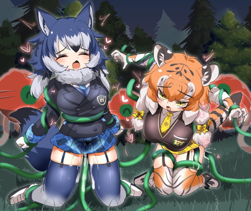 2girls animal_ears animal_print arms_up black_hair black_jacket black_ribbon black_vest blazer blue_hair blue_necktie blue_skirt blue_theme blush bow breasts buttons cellien_(kemono_friends) closed_eyes collared_shirt commentary_request cum cum_on_legs dire_wolf_(kemono_friends) double-breasted forest full_body fur-trimmed_footwear fur_collar fur_trim garter_straps gloves grass grey_hair grey_sky grey_thighhighs hair_between_eyes hair_ribbon hairbow highres jacket kemono_friends kemono_friends_3 kneeling large_breasts lets0020 long_hair looking_at_viewer medium_bangs miniskirt multicolored_hair multiple_girls nature necktie night oerba_yun_fang open_mouth orange_hair orange_thighhighs outdoors plaid plaid_bow plaid_necktie plaid_skirt pleated_skirt print_gloves print_thighhighs restrained ribbon shirt shoes siberian_tiger_(kemono_friends) skirt sky stiff_tail tail tentacle tentacle_sex thighhighs tiger_ears tiger_girl tiger_print tiger_tail tree variant_set vest white_footwear white_hair white_shirt wolf_ears wolf_girl wolf_tail yellow_bow yellow_eyes yellow_necktie