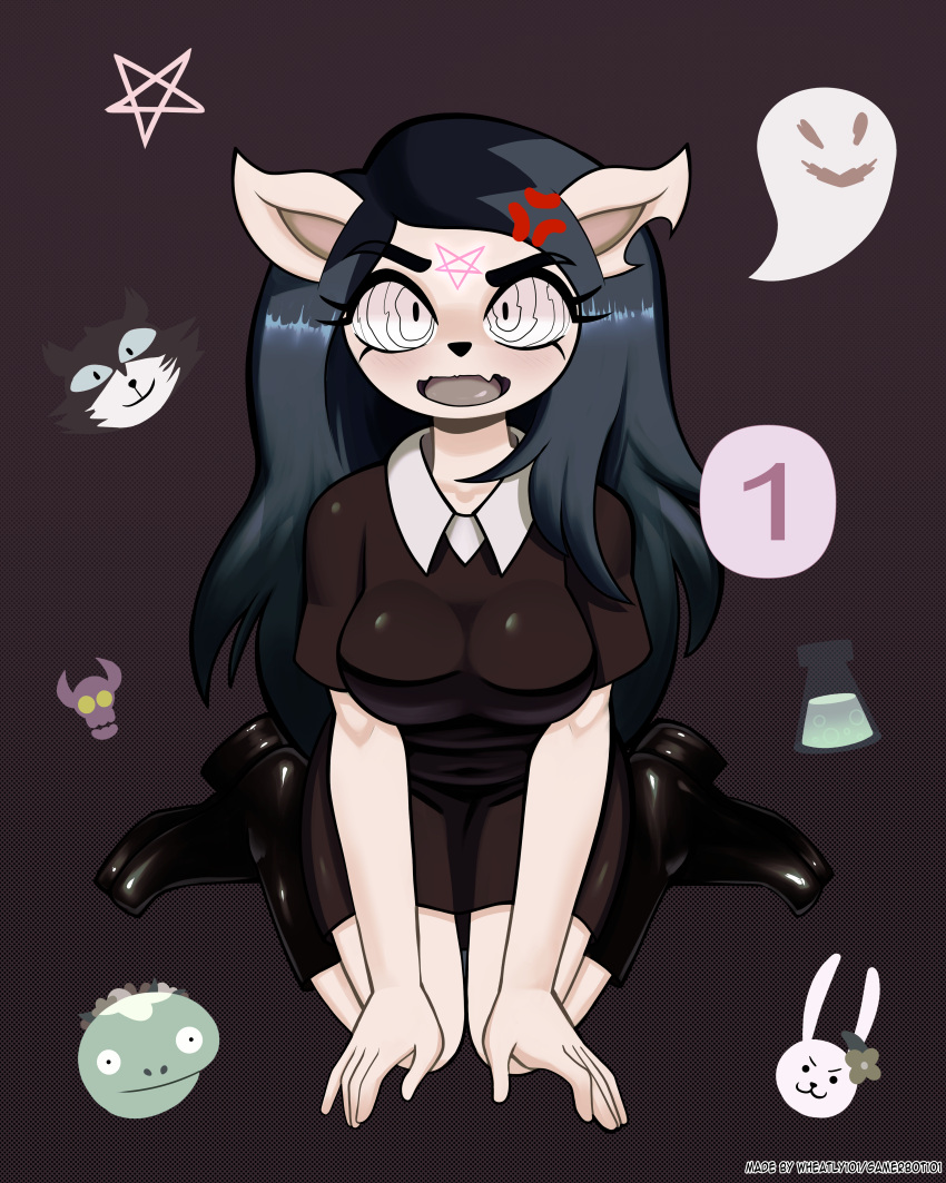 annoyed anthro big_breasts blue_hair blush blushing_at_viewer boots breasts cat_ears cat_humanoid claire_(the_summoning) feline feline_ears feline_humanoid goth hypnosis long_hair long_shirt looking_at_viewer open_mouth pentagram shiny shiny_clothes teeth the_summoning thick_thighs thighs wheatly101