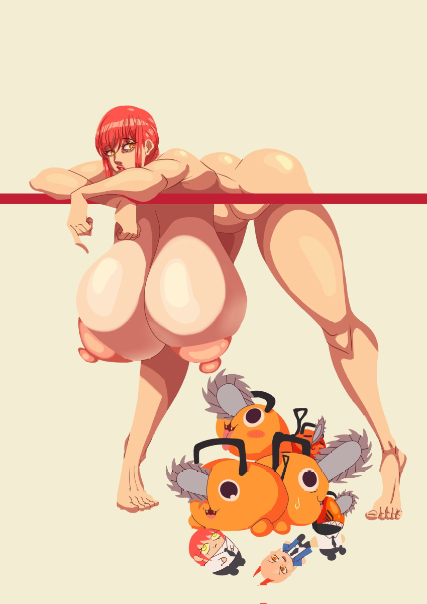 1girls areolae barefoot breasts breasts_bigger_than_head chainsaw_man completely_nude completely_nude_female daysy female female_only full_body huge_breasts makima_(chainsaw_man) naked naked_female nipples nude nude_female pochita_(chainsaw_man) red_hair solo solo_female yellow_eyes