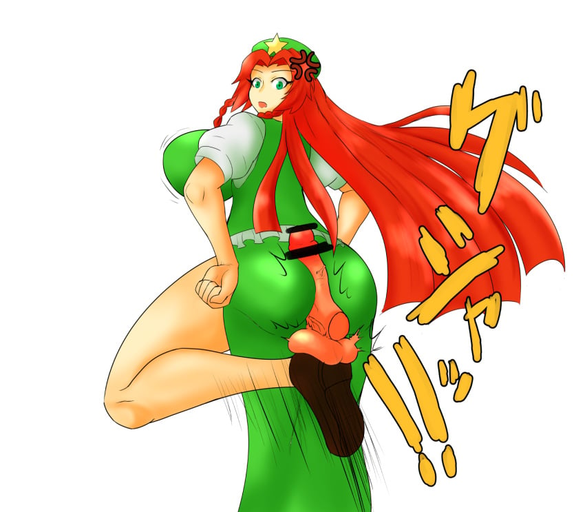 1boy ass ballbusting buttjob censored covered_buttjob crotch_kick feet female femdom highres hong_meiling looking_back penis red_hair shoe tamakeri touhou zig