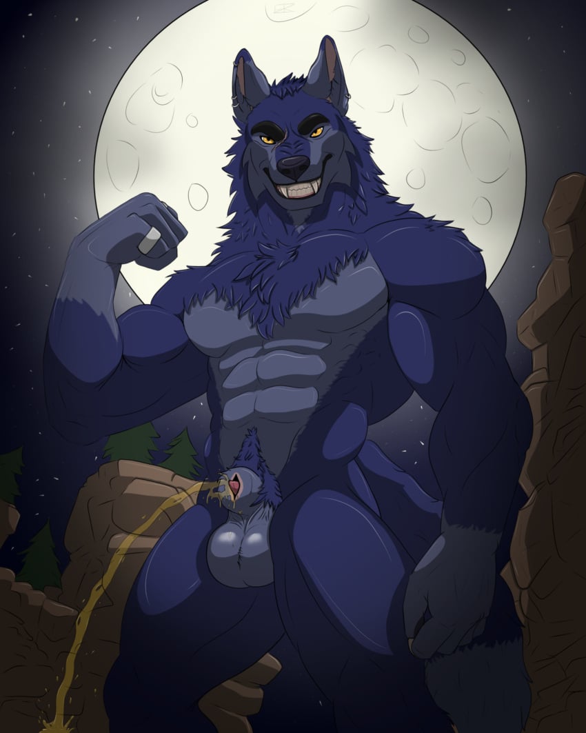 abes absurd_res animal_genitalia balls big_balls blue_body blue_fur bodily_fluids canid canine canine_genitalia canis claws detailled_background ear_piercing ear_ring forest fur fyekoz genital_fluids genitals grey_body grey_fur grin hi_res looking_at_viewer male mammal moon muscular mythological_canine mythological_creature mythology outdoor_pee outside pecs peeing piercing plant pubes ring ring_piercing rock sheath smile solo solo_focus splashing_urine tail teeth tree urinating urinating_male urination urine urine_stream watersports were werecanid werecanine werewolf wolf yellow_eyes