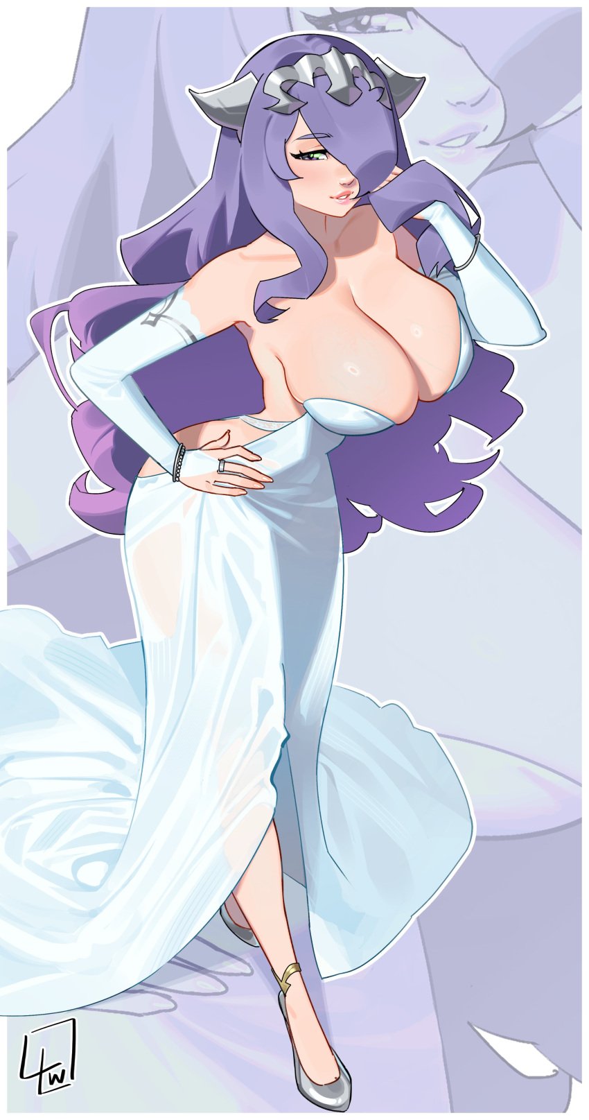1girls absurdres alternate_costume backless_dress backless_outfit breasts bridal_gauntlets camilla_(fire_emblem) cleavage commission crown dress elbow_gloves female female_only fire_emblem fire_emblem_fates gloves hair_over_one_eye hand_in_own_hair hand_on_own_hip highres jewelry l4wless large_breasts light_smile lips long_dress long_hair nintendo parted_lips purple_eyes purple_hair ring silver_footwear silver_tiara slippers smile solo tiara toe_cleavage white_dress white_gloves