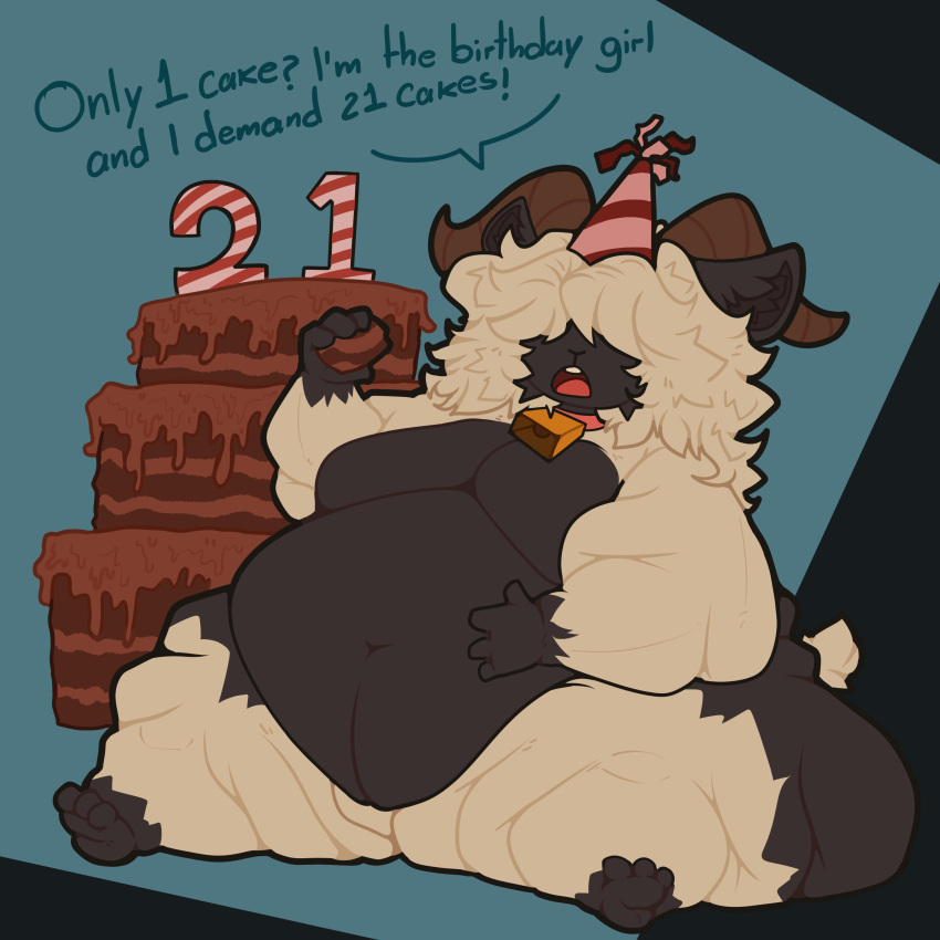 absurd_res anthro bell bell_collar belly big_belly big_breasts birthday birthday_cake black_body bovid breasts cake caprine catboyz clothing collar collar_only dessert digital_media_(artwork) domestic_sheep english_text ewe female flabby flabby_arms flabby_butt flabby_legs food fur hair hair_over_eyes hat headgear headwear hi_res horn huge_belly mammal morbidly_obese morbidly_obese_anthro morbidly_obese_female navel nude obese obese_anthro obese_female open_mouth overweight overweight_anthro overweight_female party_hat sheep simple_background sitting sitting_on_ground solo solo_focus tail text thick_thighs valais_blacknose white_body white_fur