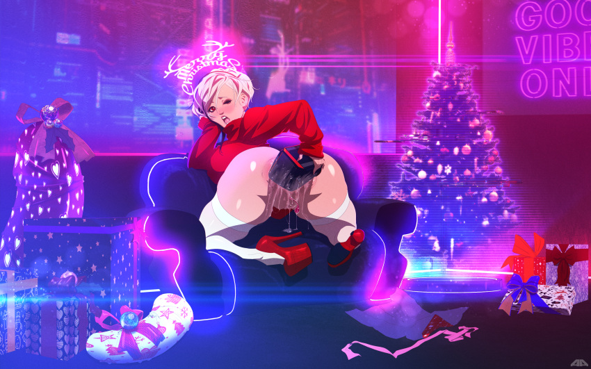 1girls amaurymangaka anal anal_insertion anal_juice buttslut christmas christmas_outfit christmas_tree cyberpunk futuristic high_heels large_insertion masturbation object_in_ass panting platform_heels science_fiction stretched_anus unity_(sordidoctopus)