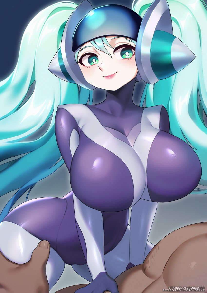 big_ass big_breasts boobs_and_butt_pose breasts breasts clothed clothed_female_nude_male clothing cowgirl_position curvy curvy_body curvy_female curvy_figure curvy_hips cyan_eyes cyan_hair dark-skinned_male dark_skin dj_sona faceless_male large_ass large_breasts latex latex_suit league_of_legends league_of_legends:_wild_rift leg_grab muscular muscular_male pale-skinned_female pale_skin riot_games smile smiling smiling_at_viewer sona_buvelle strongbana thick_thighs watermark