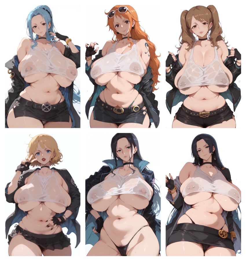 ai_generated areola_slip belly big_areola big_breasts boa_hancock breasts_bigger_than_head brown_nipples charlotte_pudding choker erect_nipples female female_focus female_only nami nefertari_vivi nico_robin nipple_piercing one_piece ponytail post-timeskip pubes pubic_hair pubic_hair_peek sagging_breasts see-through see-through_clothing sol_(artist) stussy_(one_piece) tank_top tied_hair