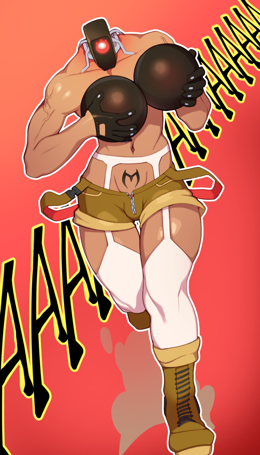 1boy 1male bare_shoulders boots buff bulge bulge_through_clothing clothed clothes clothing combos-n-doodles cyborg femboy femikaze_(serious_sam) humanoid male_only running serious_sam shorts simple_background tattoo text thick thick_thighs thighs