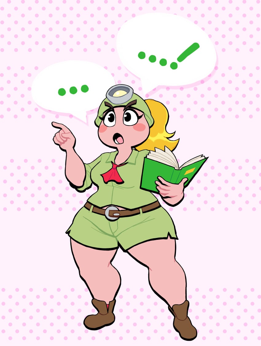 1girls blonde_hair clothing female goombella green_shorts hat lovetopullmicke mario_(series) paper_mario paper_mario:_the_thousand-year_door png shirt shorts shortstack thick_thighs wide_hips