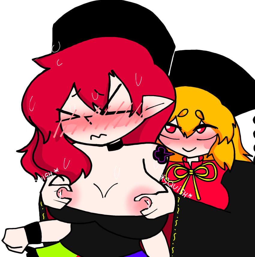 2girls 2women blush closed_eyes fingers_on_nipples flustered grope grope_breast grope_from_behind hecatia_lapislazuli junko_(touhou) milk milk_squirt multiple_girls nipples smug squeeze squeezing squish sweat sweating touhou