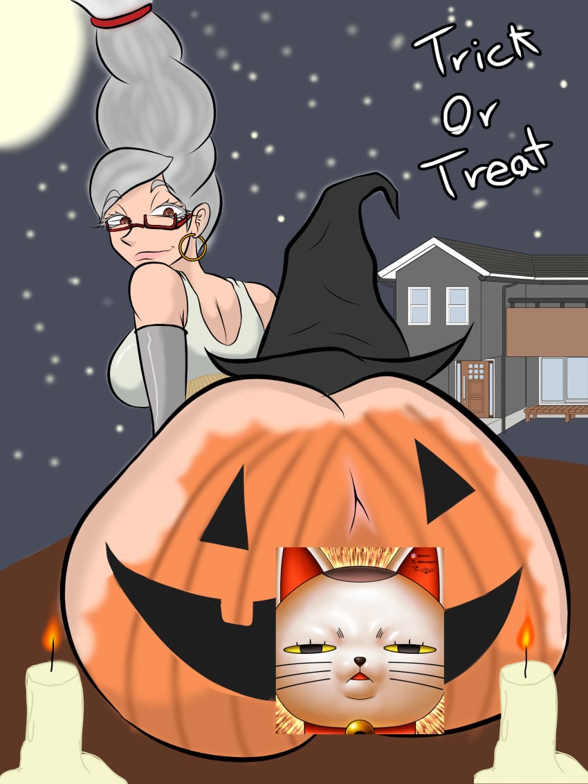 1girls 2d anime_girl ass ass_focus ayase_seiko bodypaint censored dandadan earrings feline gigantic_ass glasses grandmother grey_hair halloween holidays hoop_earrings huge_ass looking_back mature_female pumpkin_butt red_eyes sexy_lingerie snow solo turbo_granny_(dandadan) wide_hips witch witch_hat