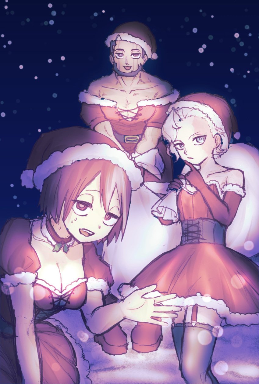 1boy 1girls 1other ambiguous_gender androgynous annouu_ronpa beard belaf christmas christmas_outfit cleavage crossdressing elbow_gloves facial_scar female fully_clothed garter_straps half-closed_eyes made_in_abyss male mature_male pale_skin red_eyes red_hair santa_hat short_hair smile sweatdrop thighhighs vueko wazukyan white_hair