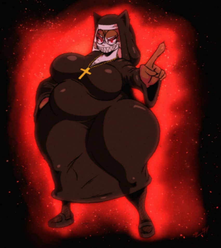 big_breasts breasts fat feline female glasses hand_on_hip m_acrylic nun nun_outfit ophelia_(sssonic2) sharp_teeth thick_thighs wide_hips