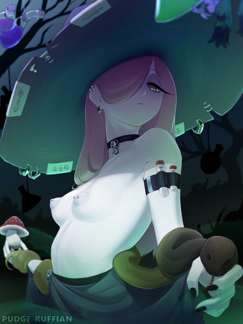 1girls areolae background breasts choker closed_mouth earrings eyeliner female female_only forest goth hair_over_one_eye highres holding_object little_witch_academia looking_at_viewer looking_down mascara mushroom nipple_piercing painted_nails pale pale-skinned_female pale_skin pudgeruffian puffy_nipples small_breasts snake solo solo_female solo_focus sucy_manbavaran topless witch witch_hat