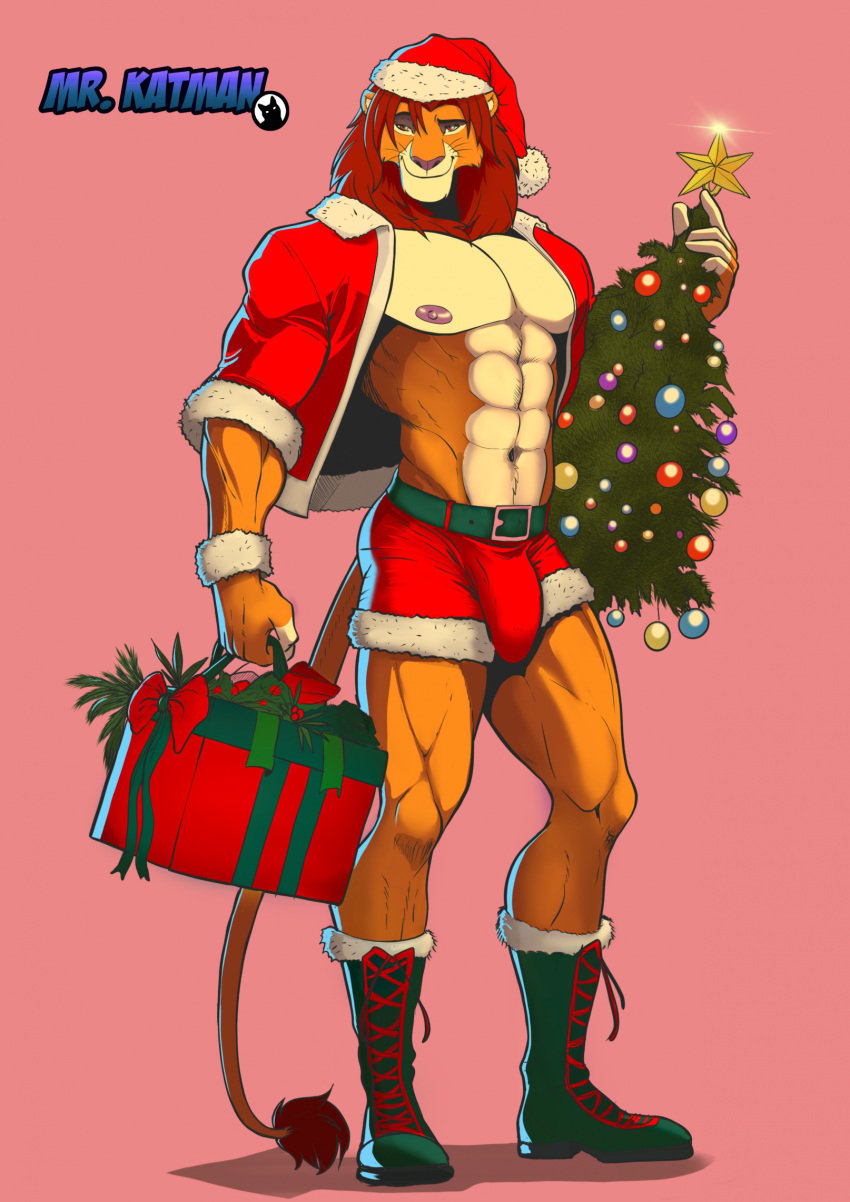 abs anthro areola belt biceps boots bottomwear bulge christmas christmas_clothing christmas_headwear christmas_tree clothed clothing digital_media_(artwork) disney erection felid fingers footwear fur genitals gift hair hat headgear headwear hi_res holding_object holidays lion looking_at_viewer male male_only mammal mrkatman muscular muscular_anthro muscular_male nipples open_clothing open_topwear pantherine pecs penis plant santa_hat shorts simba_(the_lion_king) simple_background smile solo standing tail the_lion_king topwear tree