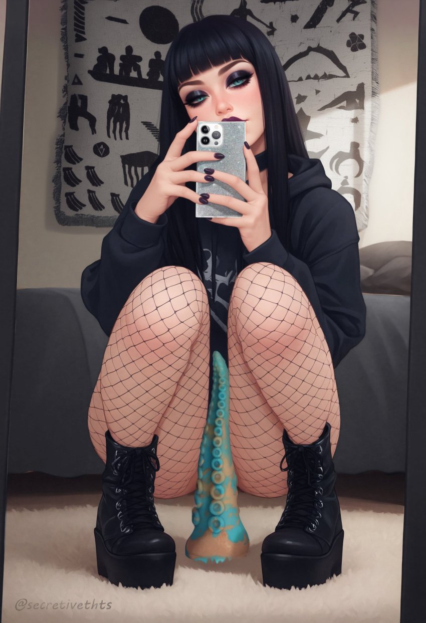 1girls ai_generated anal bedroom big_dildo black_boots black_clothing black_hair black_makeup dildo female female_only femboy fishnets fringe goth goth_boots goth_femboy goth_girl gothic hoodie imminent_penetration secretivethoughts_(artist) selfie sex_toy solo tentacle_dildo trap