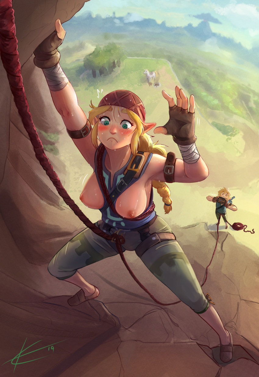 1boy 1girls areolae bare_calves big_breasts blonde_hair blush blushing breasts breasts_out breath_of_the_wild calves champion's_tunic climber's_bandana climbing climbing_boots climbing_gear climbing_gear_(breath_of_the_wild) climbing_set eltonel embarrassed embarrassed_nude_female female green_eyes hiking hylian large_breasts link link_(breath_of_the_wild) long_hair male master_sword nintendo nipples pointy_ears princess_zelda sheikah_slate the_legend_of_zelda wardrobe_malfunction well-worn_trousers zelda_(breath_of_the_wild)