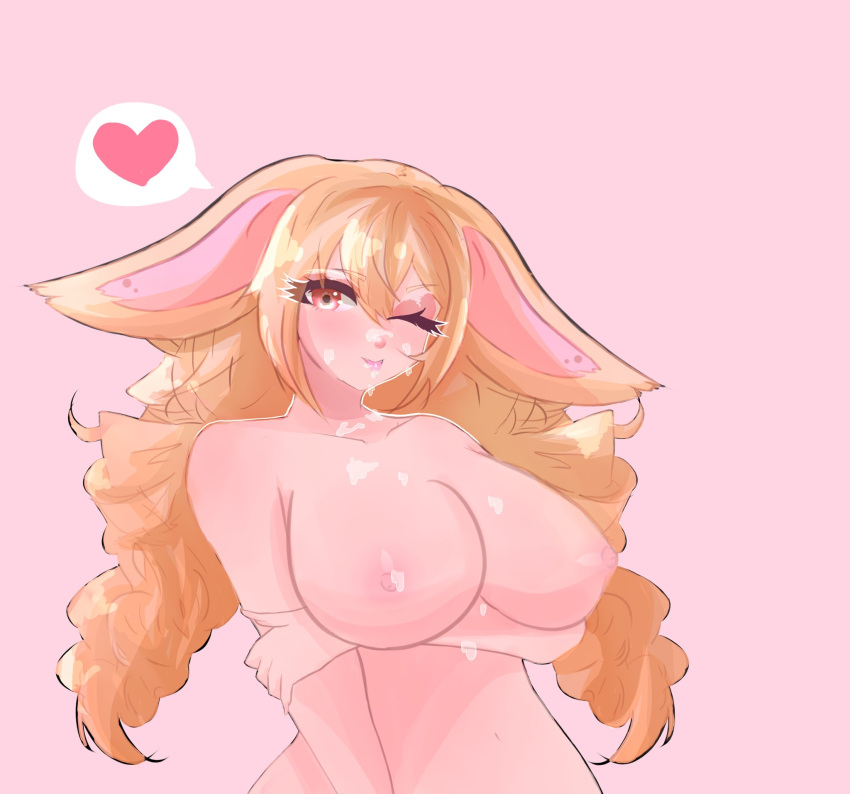 1girls animal_ears areolae blonde_hair breasts bunny_ears bunny_girl cum cum_on_breasts cum_on_face female female_only huge_breasts kattmao77 light-skinned_female light_skin nipples one_eye_closed red_eye shibi_cottonbum solo spoken_heart vallure virtual_youtuber wink