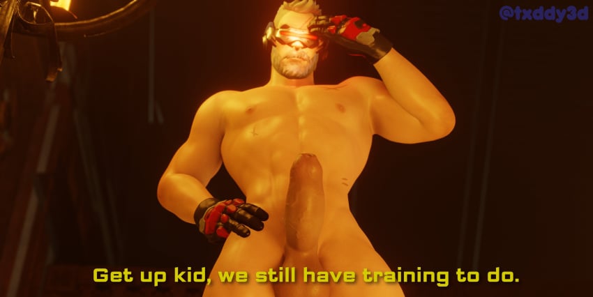 1boy balls beard dialogue grey_hair light-skinned_male light_skin looking_at_viewer male male_only muscular muscular_male overwatch overwatch_2 penis soldier_76 solo solo_male text txddy3d