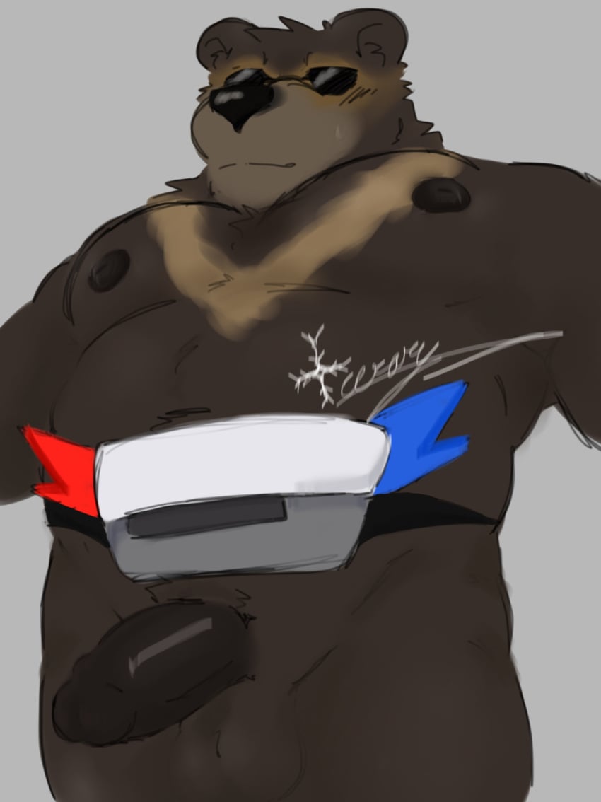 anthro balls bear bee_swarm_simulator belly brown_body brown_fur eyewear fanny_pack fur genitals glistening glistening_genitalia glistening_penis hi_res icerary male male_only mammal moobs nipples pecs penis roblox simple_background solo sun_bear sun_bear_(bee_swarm_simulator) sunglasses ursine