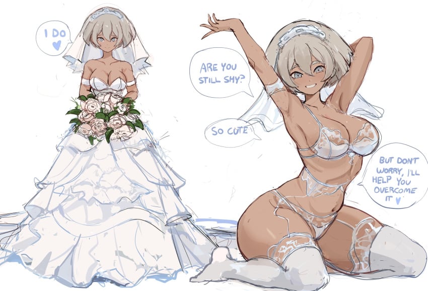 1girls bea_(pokemon) blue_eyes breasts child_bearing_hips clothing dark-skinned_female dark_skin dress english_text female grey_hair large_breasts matching_underwear nintendo pokemon pokemon_ss rakeemspoon reassuring short_hair smile spread_legs text thick_thighs thighhighs voluptuous voluptuous_female wedding_dress wedding_lingerie wedding_veil white_bra white_legwear white_panties white_thighhighs wholesome wide_hips