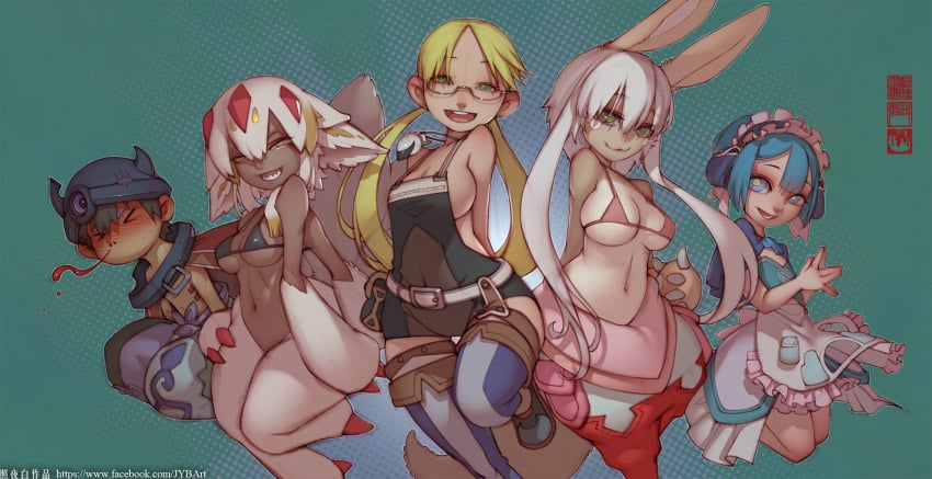 2boys 3girls 4_arms :3 aged_up alternate_breast_size anthro big_breasts big_ears big_forehead bikini_top blonde_hair claws cleavage dark-skinned_female dark_skin faputa female female_focus femboy furry glasses green_background jybart lagomorph_humanoid leotard light-skinned_female light_skin long_hair looking_at_viewer made_in_abyss maid maid_headdress maid_uniform male marulk medium_breasts monster_girl multi_arm multi_limb nanachi narehate no_bra nosebleed rabbit_ears rabbit_humanoid reg riko_(made_in_abyss) sharp_teeth short_hair short_hair_with_long_locks sideboob sidelocks smile tan_fur thighhighs twintails two_tone_fur underboob whiskers white_hair wide_hips yellow_eyes zhaoyebai