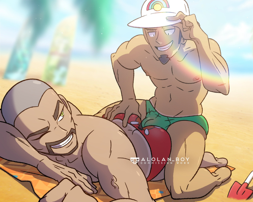 2boys abs alolan_boy ass ass ass_grab bara beach beach_background bulge bulge_through_clothing butt_grab commission facial_hair gay kukui_(pokemon) laying_on_ground looking_at_partner male male/male male_only mature mature_male muscular muscular_male nipples peony_(pokemon) pokemon pokemon_sm pokemon_ss sand semi_nude smile smiling smiling_at_partner speedo swimwear tan_body tan_skin tanline watermark yaoi