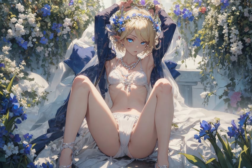 aged_up ai_generated aura_bella_fiora blonde_hair blue_clothing blue_eyes bra dolph_(artist) earrings elf elf_ears elf_female flowers flowers_on_head medium_breasts necklace overlord_(maruyama) panties short_hair