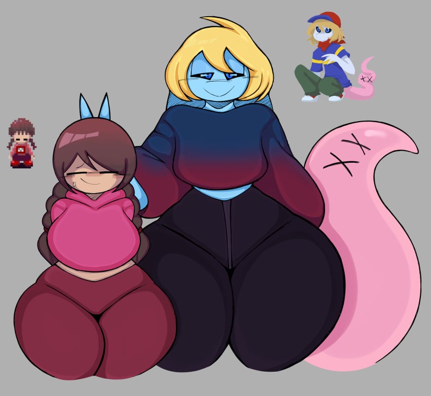 1boy 1female 1femboy 1girls =_= alien anthro artist_request bedroom_eyes big_breasts black_sclera blonde_hair blue_body blue_eyes character_request child_bearing_hips closed_eyes digital_media_(artwork) earthbound femboy fully_clothed gieeg highres hoodie madotsuki mother:_cognitive_dissonance nervous nervous_smile niiue nintendo peace_sign shortstack simple_background sitruspuffy size_difference smug suggestive thick_thighs wide_hips yume_nikki